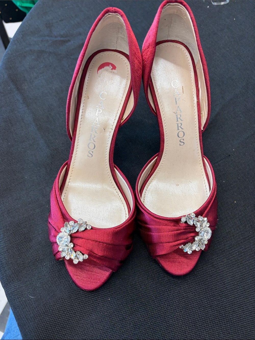 Caparros Wine Red Satin Peep-Toe Heels with Crystal Accent